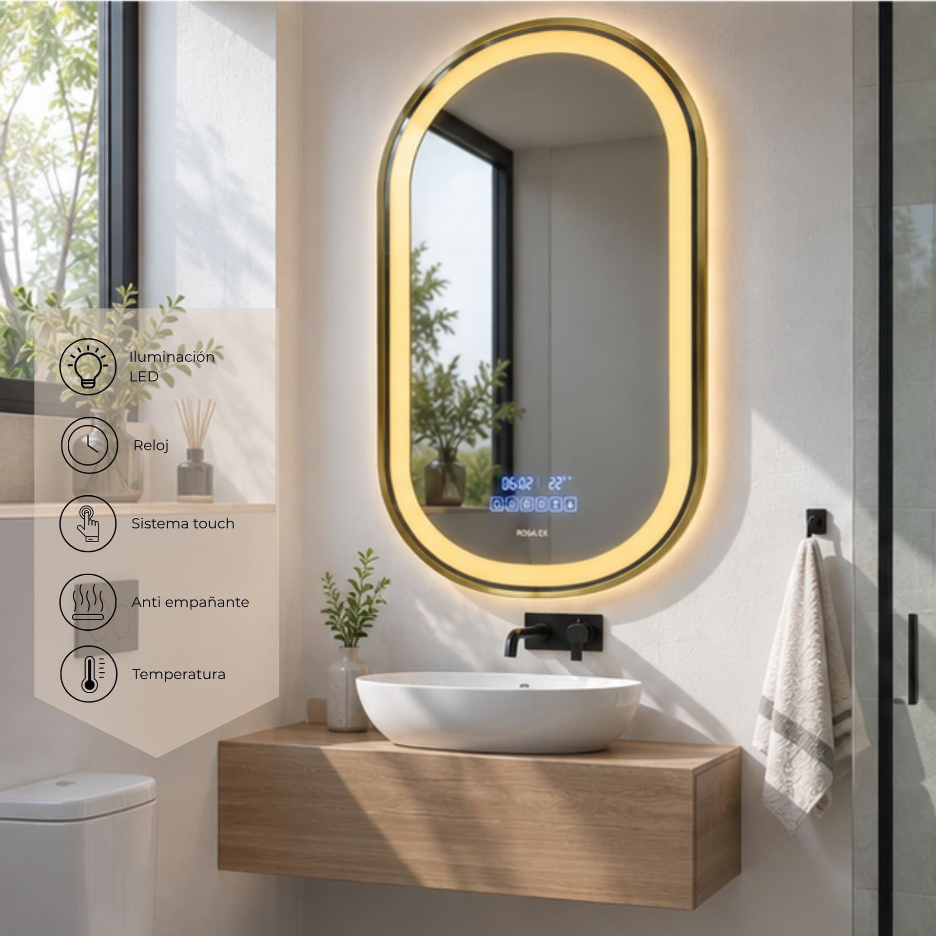 Espejo Ovalado LED con Bluetooth Marco Oro y Negro 55x100 cm