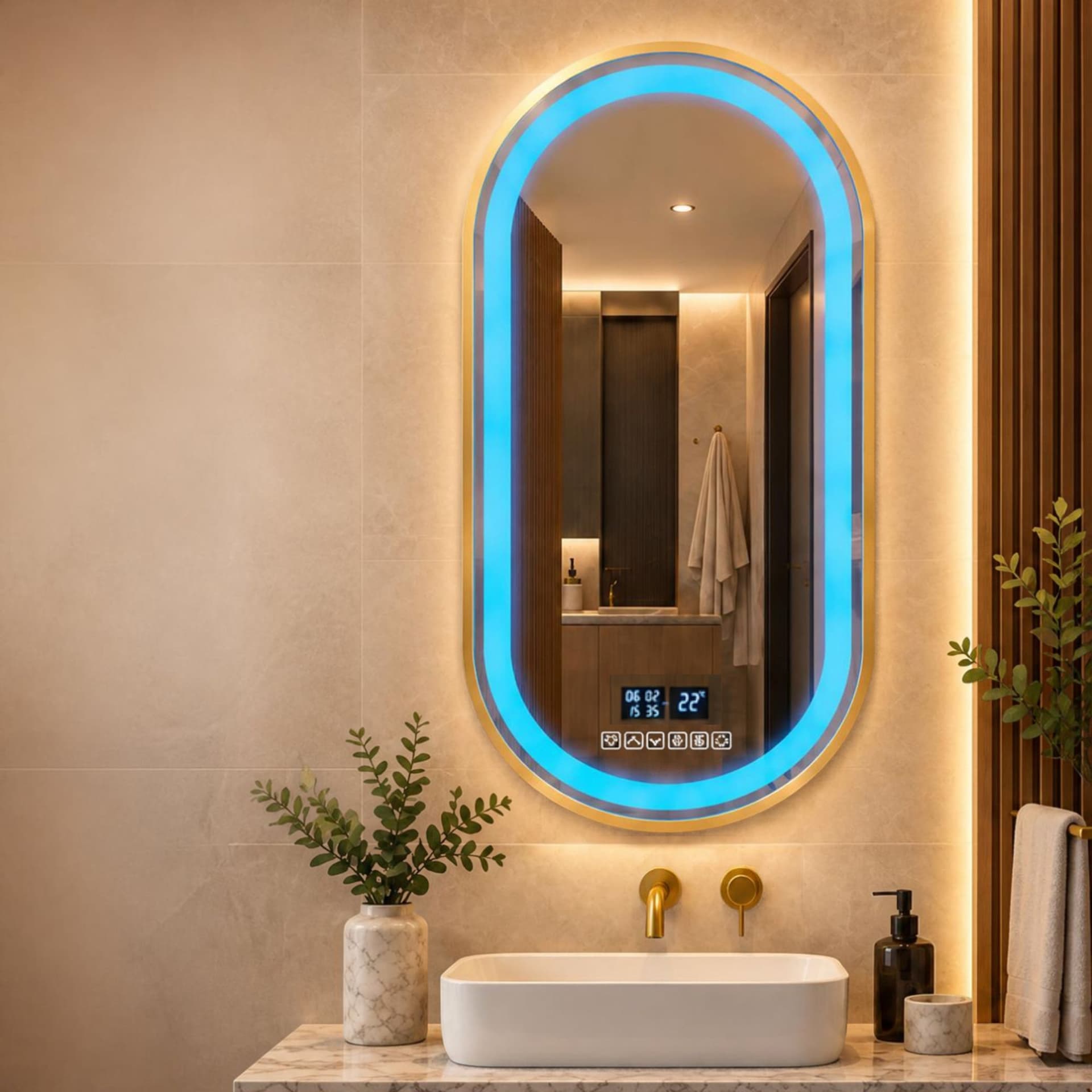 Espejo Ovalado LED con Bluetooth Marco Dorado 55x100 cm