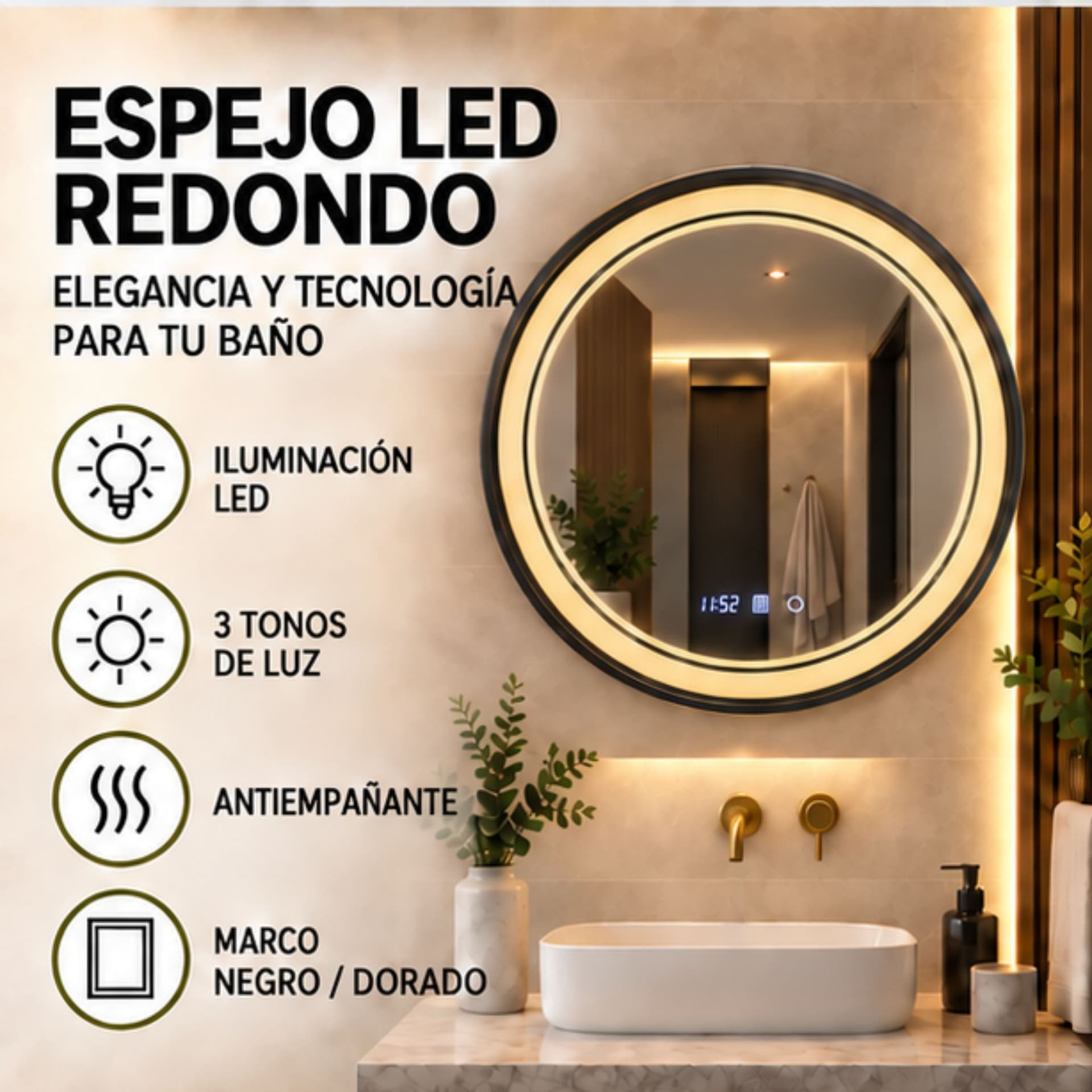 Espejo Redondo LED Marco Negro 80 cm